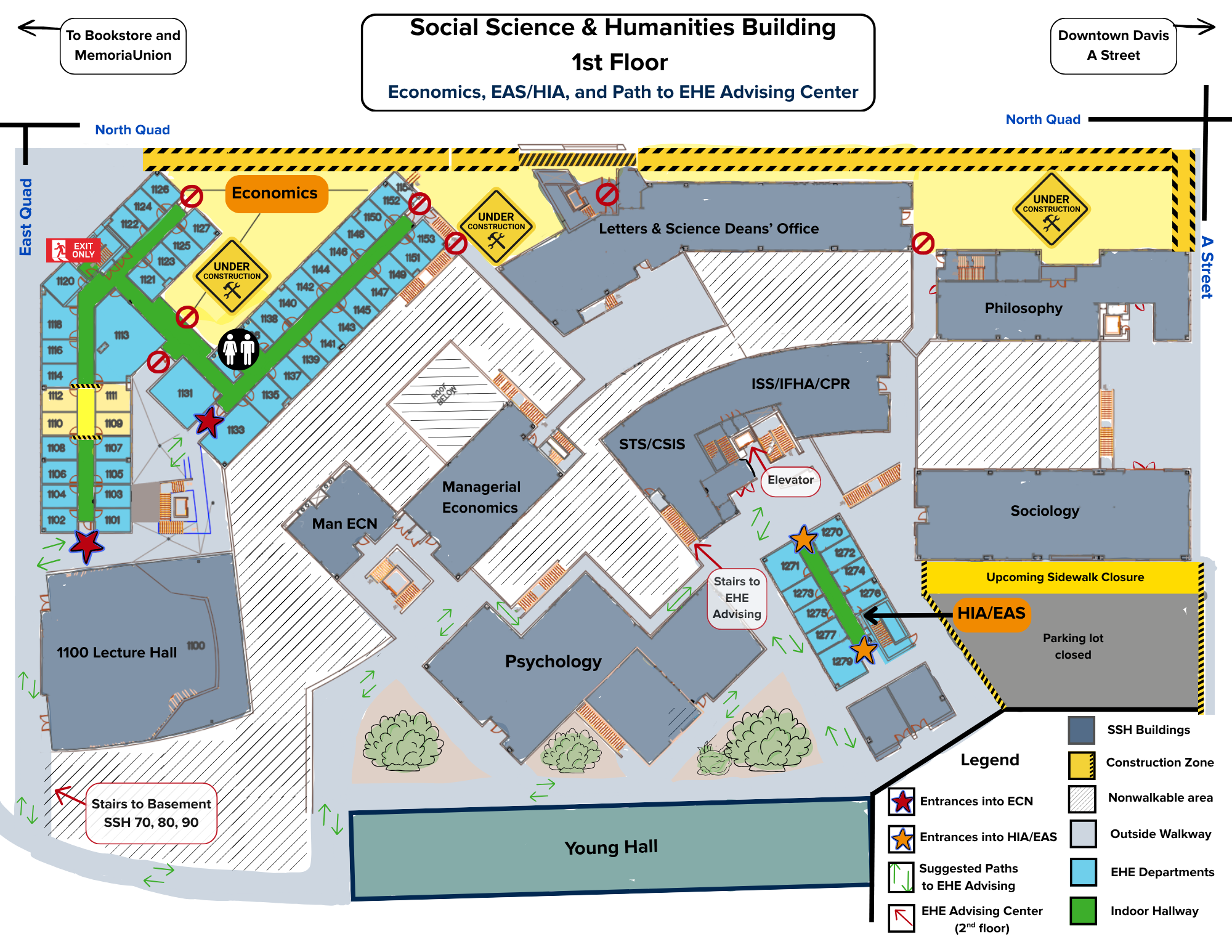 Map of 1st floor in Social Science and Humanities Building at UC Davis