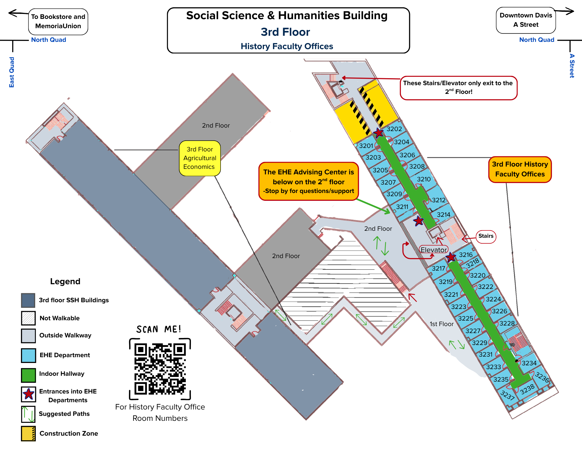 Map of the 3rd floor in Social Science and Humanities Building at UC Davis