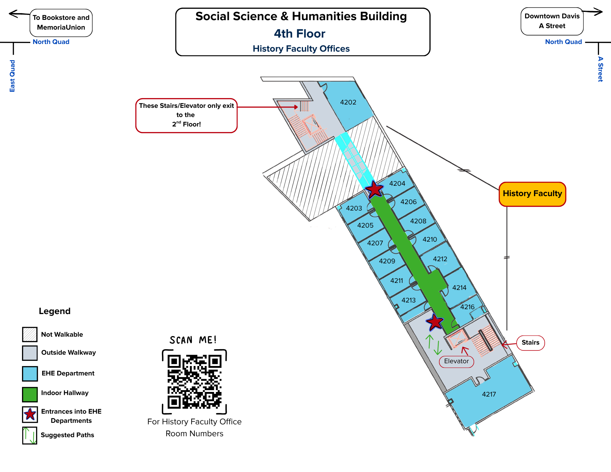 Map of the 4th floor in Social Science and Humanities Building at UC Davis
