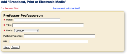 An example of the "Add Broadcast, Print, or Electronic Media" MIV box.