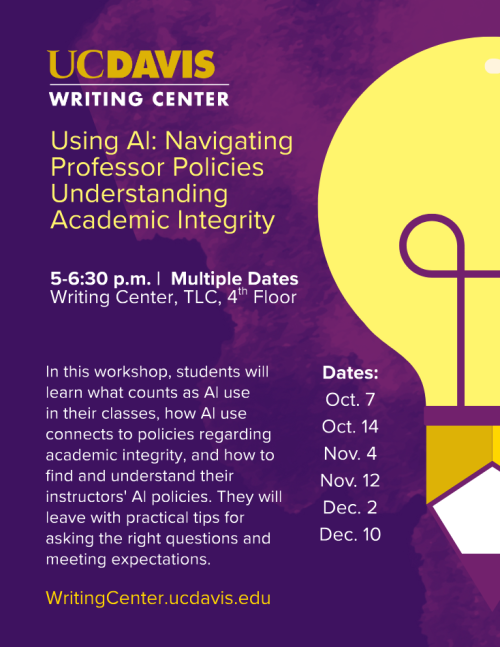 Flyer for UC Davis Writing Center Using AI workshops: Navigating Professor Policies Understanding Academic Integrity
