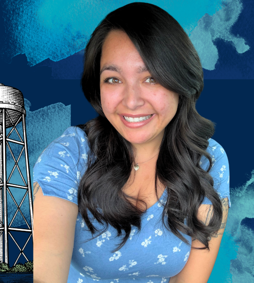 Smiling woman in blue floral top; photo with water tower and blue watercolor background