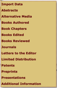 A screenshot of MIV's many publication entry options.